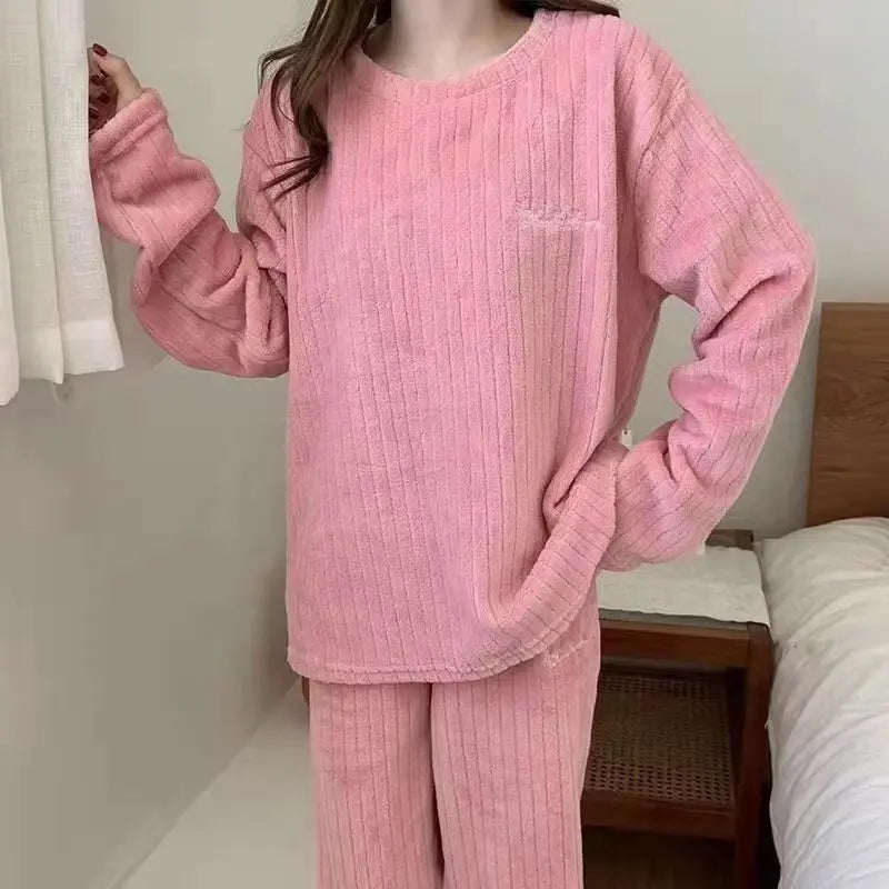 Autumn/Winter New Arrivals: Women's Warm Set Coral Fleece Pyjamas Thickened Thermal Striped Loungewear Set for Young Women