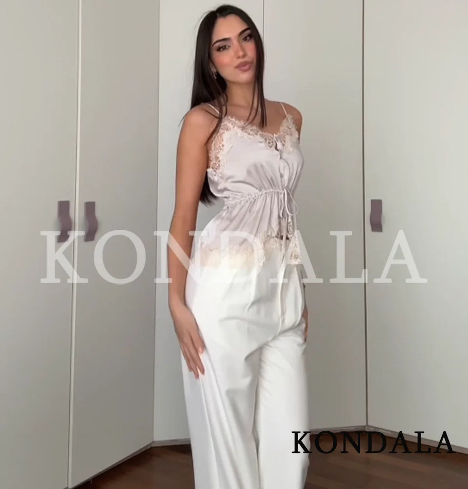 KONDALA Lady Chic Satin Strappy Top 2026 Spring Summer Romantic Holidays Lace Suspender Top Women High Street Trendy Cute Tops
