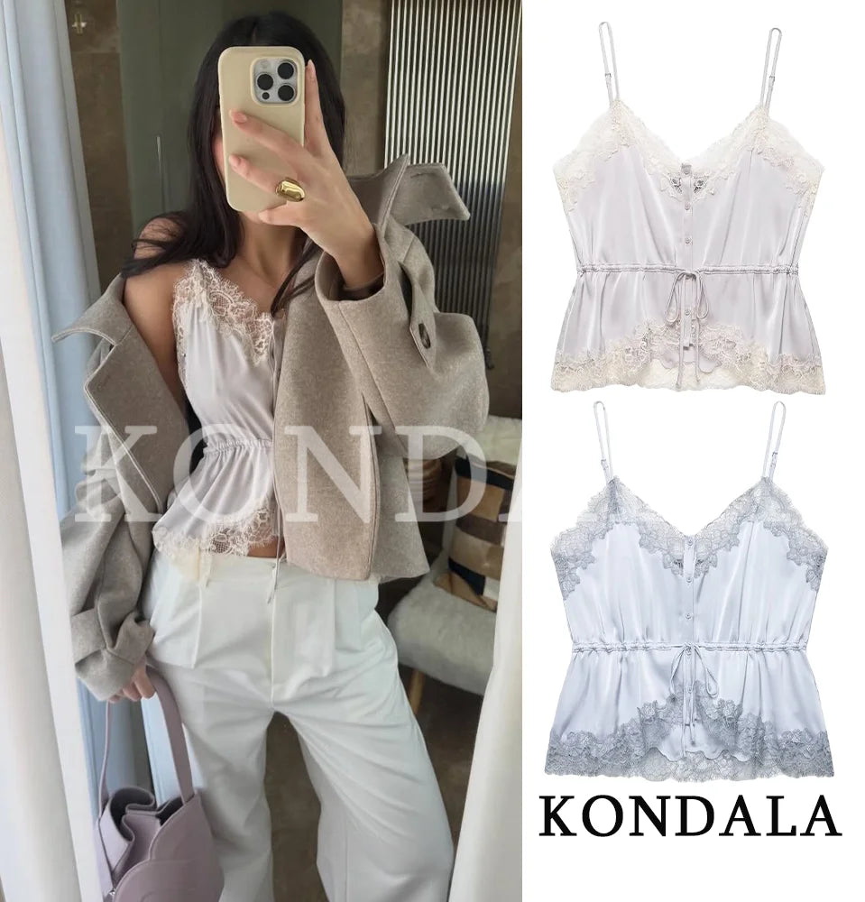 KONDALA Lady Chic Satin Strappy Top 2026 Spring Summer Romantic Holidays Lace Suspender Top Women High Street Trendy Cute Tops