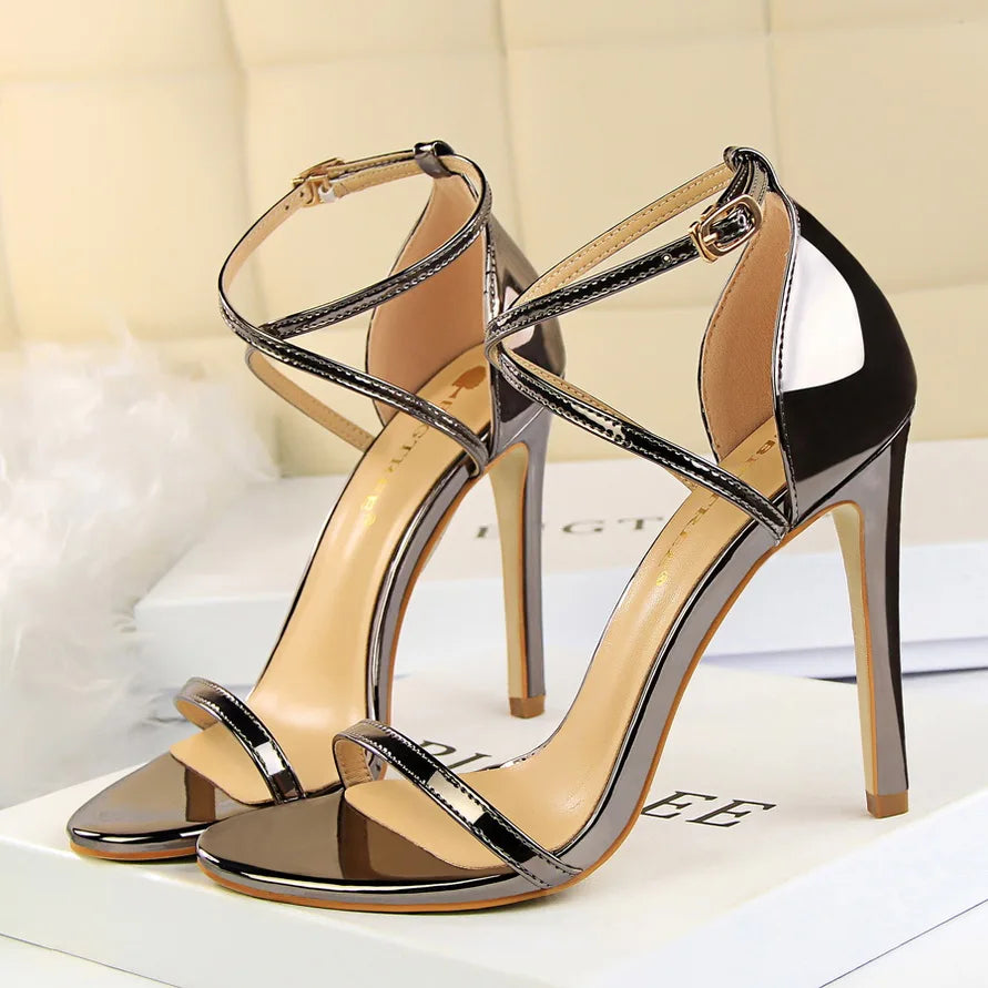 Women Fetish 8cm 11cm High Heels Summer Mid Low Heels Champagne Gold Sandals Roman Pumps Lady Gladiators Stiletto Stripper Shoes
