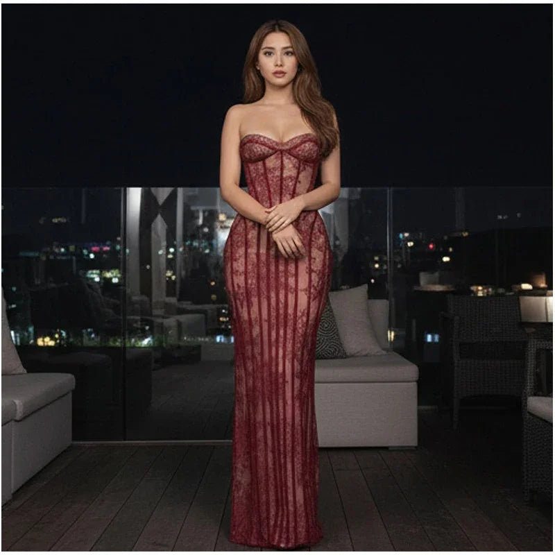 Women Strapless Tulle Fishbone Dress Backless Off Shoulder Printed Patchwork Slim Maxi Dresses 2026 Lady Chic Party Evening Gown