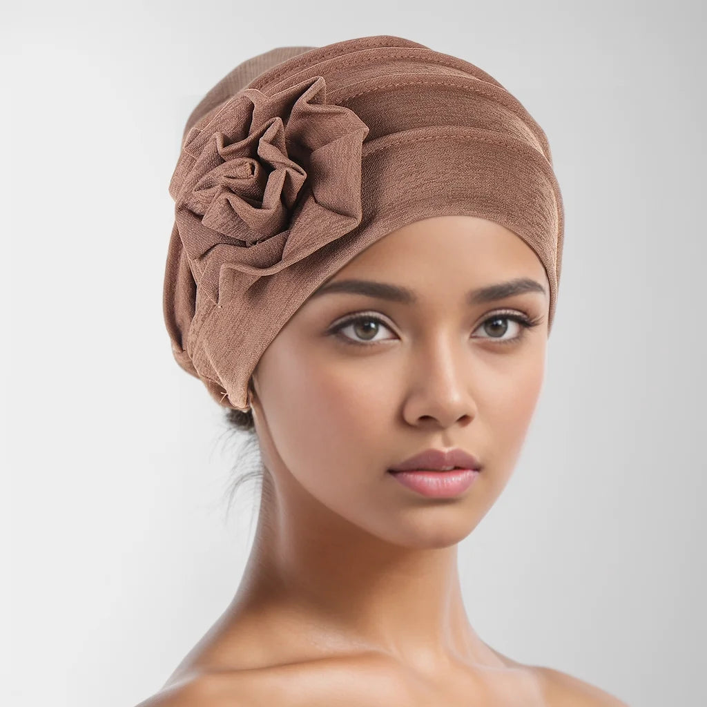 Trendy Crinkle Women's Hijab Solid Color Muslim Ladies Turban Bonnet Flower Decor Ramadan Head Wrap Head Scarf Indian Hats