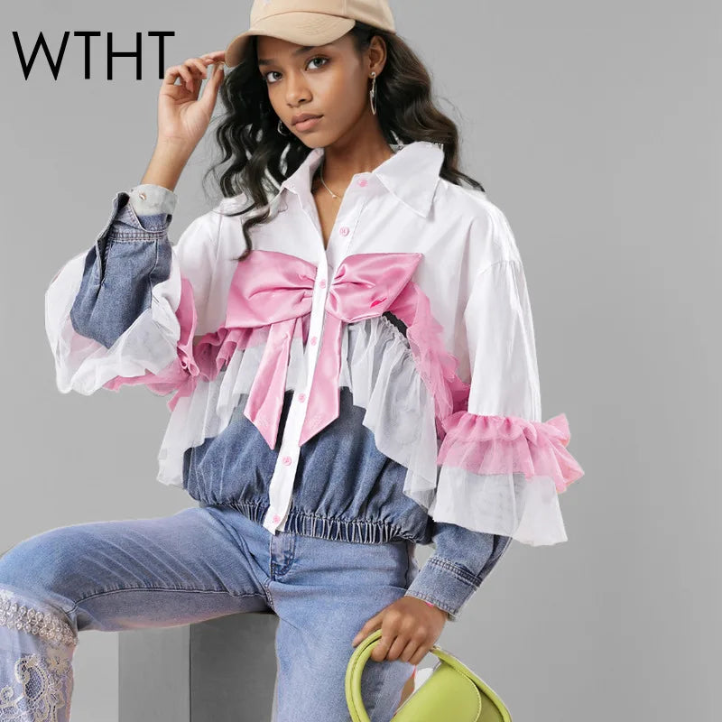WTHT Fashion Women's Spliced Bows Mesh Edge Denim Jacket 2025 Spring Trendy Lapel Long Sleeves Loose Coat Female 1LS951