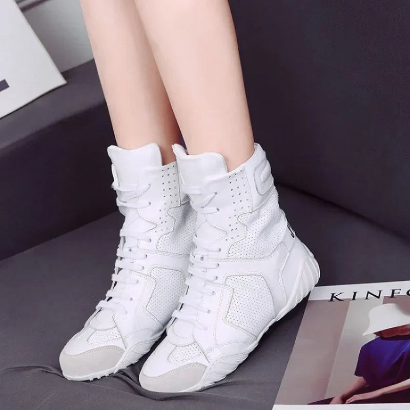 Women Genuine Leather White High Top Sneakers Spring Summer Women Casual Shoes Fashion Breathable Solid Color Flat with Shoes