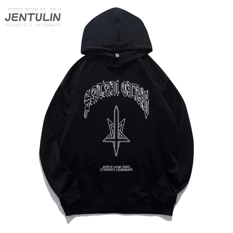 Hip Hop Streetwear Men Hoodies Satan Club Graphic Print Hooded Women Unisex Autumn Winter Punk Sweatshirts Y2K Coat Clothes Goth
