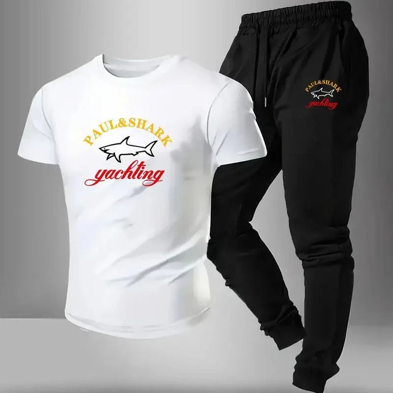 Summer New Fashion Trend Printed Sports Fitness Short-Sleeved T-shirt Long Pants Set Men's Loose Sports Large Size Two-Piece Set