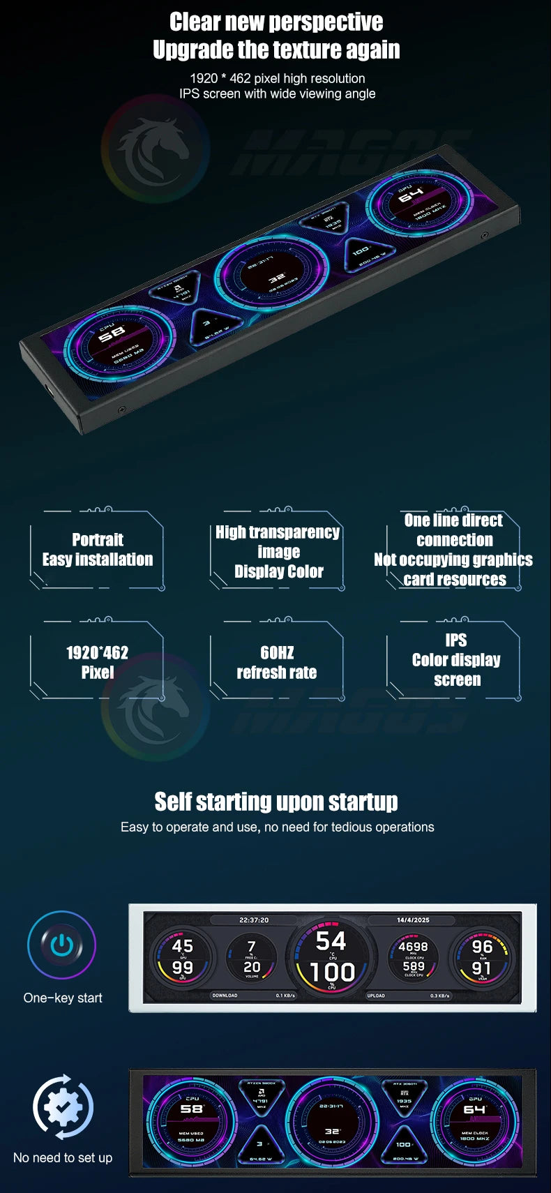 9.16'' Small Screen Display, IPS LCD Monitor for Desktop Computer Hardware Working Monitoring, Windowed Chassis Dedicated