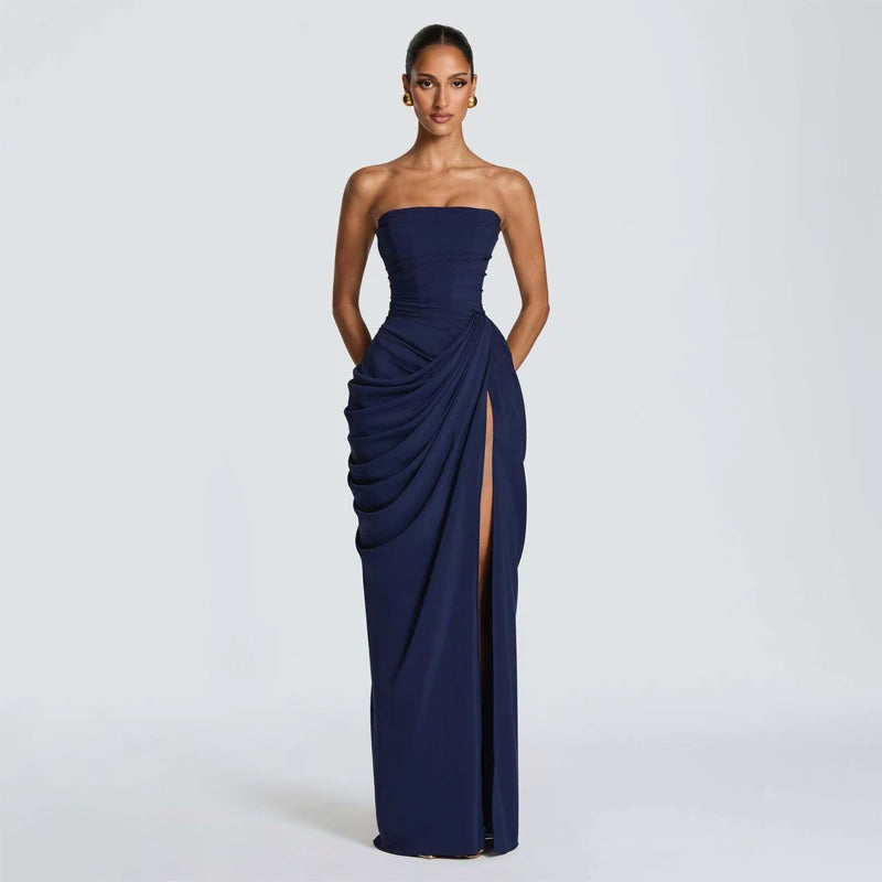 Yellow Strapless Pleated Dress Women Elegant Sexy Sleeveless Waist Cinching Split Maxi Gowns 2026 Lady New Evening Party Dresses