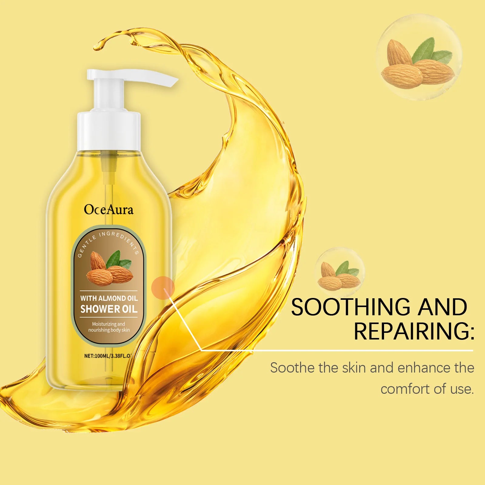 OceAura Shower Oil Sweet Almond Oil Body Cleaning Smooth Skin Barrier Repair Deep Hydration Improve Dryness Coconut Oil Bath Oil