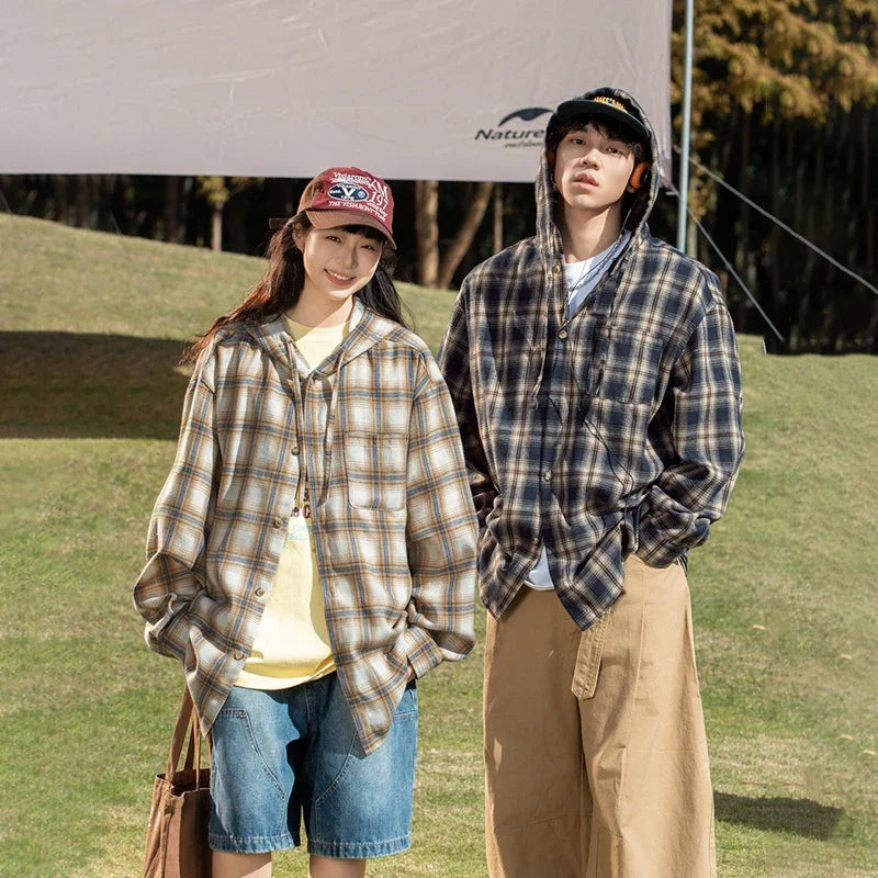 TFETTERS Brand Hooded Shirts Mens Plaid Spring Summer 2025 New Vintage Shirts Male Long Sleeve Fashion Streetwear Mans Coat