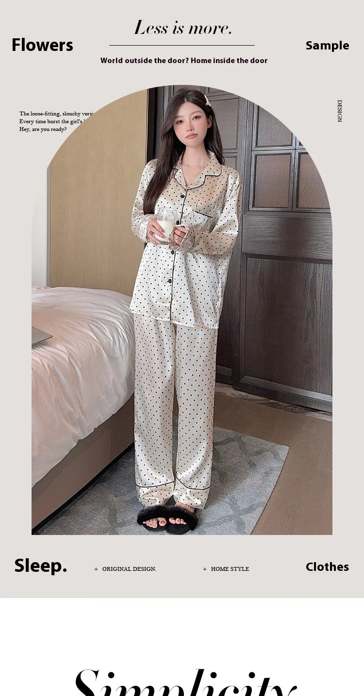 Spring and Autumn Summer Black Polka Dot Ice Silk Pajamas Women's New Long Sleeve Long Pants Net Red Simple Casual Homewear Set