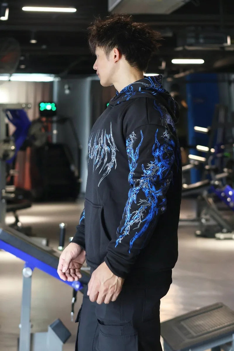 2025New American Style Men's Hooded Sweatshirt Trendy Brand Dark Style Sports Fitness High Street Autumn Winter Men's Sweatshirt
