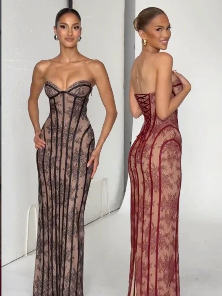 Women Strapless Tulle Fishbone Dress Backless Off Shoulder Printed Patchwork Slim Maxi Dresses 2026 Lady Chic Party Evening Gown