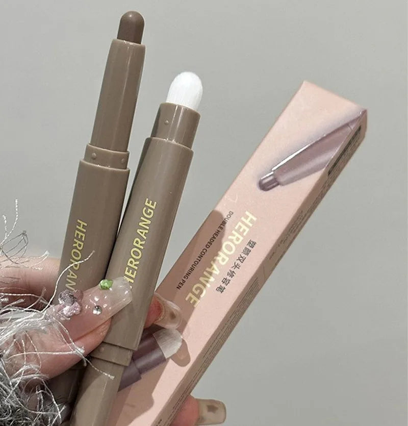 Double Head Contour Stick Bronzer with Brush Face Nose Shadow Cream Contour Pen Waterproof Lasting Contouring Makeup Cosmetics