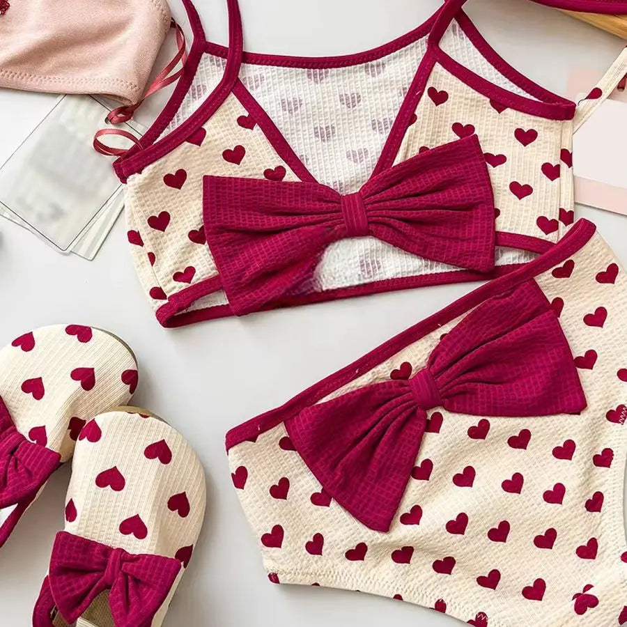 Girls Simple Color Block Swimsuit Heart Print Bikini Set Fashionable Large Bow Knot One-Piece Swimwear Summer Kids Clothing