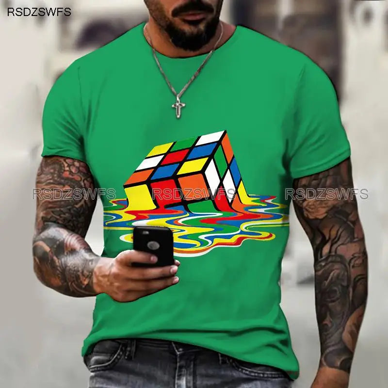 Men's Shirt Exclusive Design Melting Rubik's Cube 3D Printing Printing Trendy Brand Shirt Round Neck T-shirt Oversize 5XL