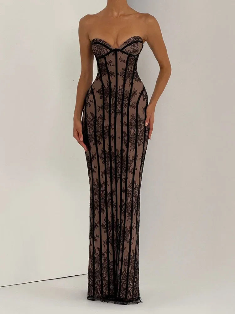 Women Strapless Tulle Fishbone Dress Backless Off Shoulder Printed Patchwork Slim Maxi Dresses 2026 Lady Chic Party Evening Gown