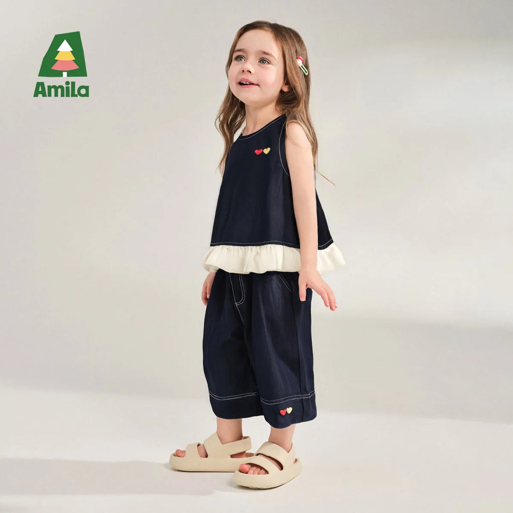 Amila 2026 Girls Summer Set Navy Blue Top Wide Pants 2025 Fashion Heart Embroidery Ruffle Casual Trendy Kids Outfit Sleeveless