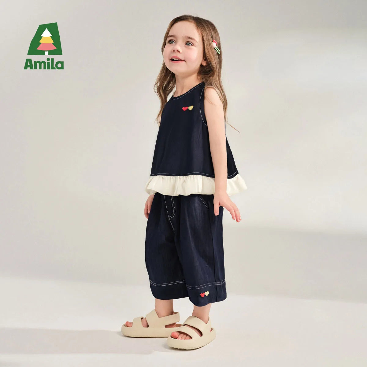 Amila 2026 Girls Summer Set Navy Blue Top Wide Pants 2025 Fashion Heart Embroidery Ruffle Casual Trendy Kids Outfit Sleeveless