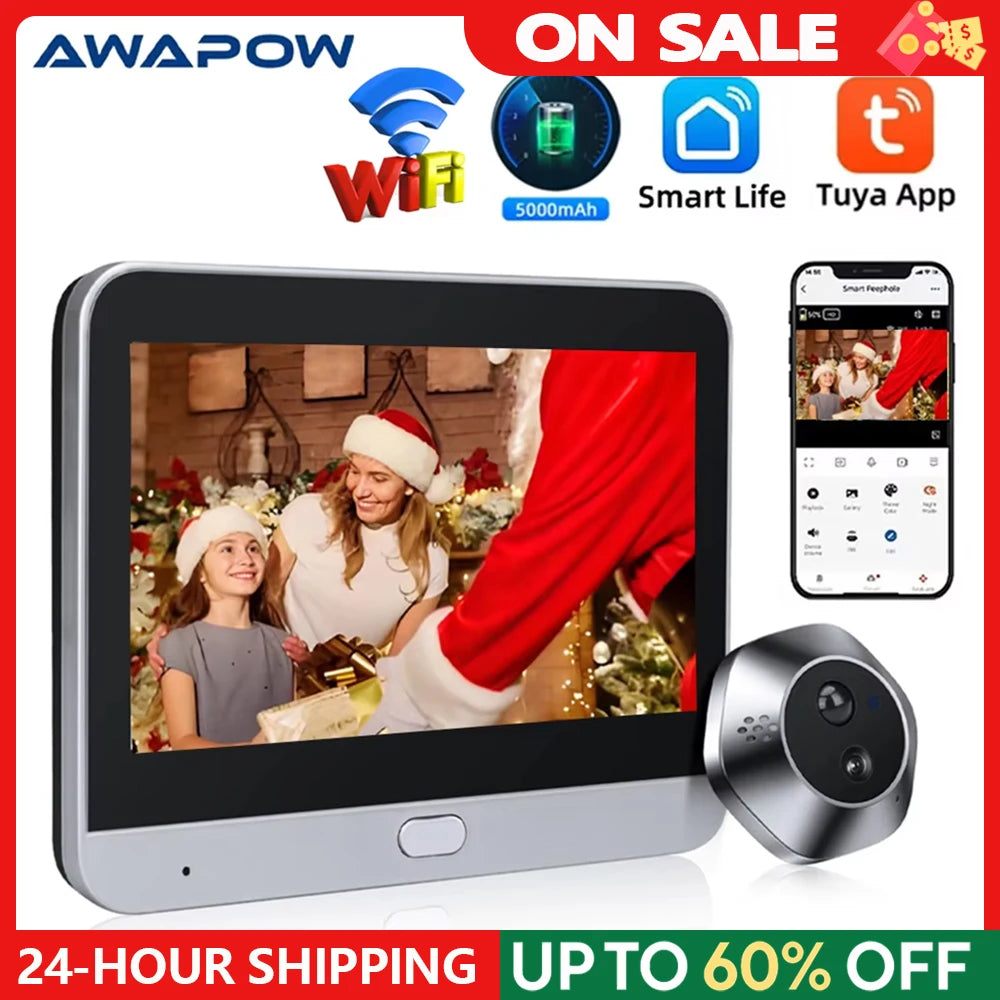 Awapow WiFi Tuya Peephole Camera Smart Life Motion Detection Digital Audio Doorbell Upgrades Two-way Intercom 2 Million HD Pixel