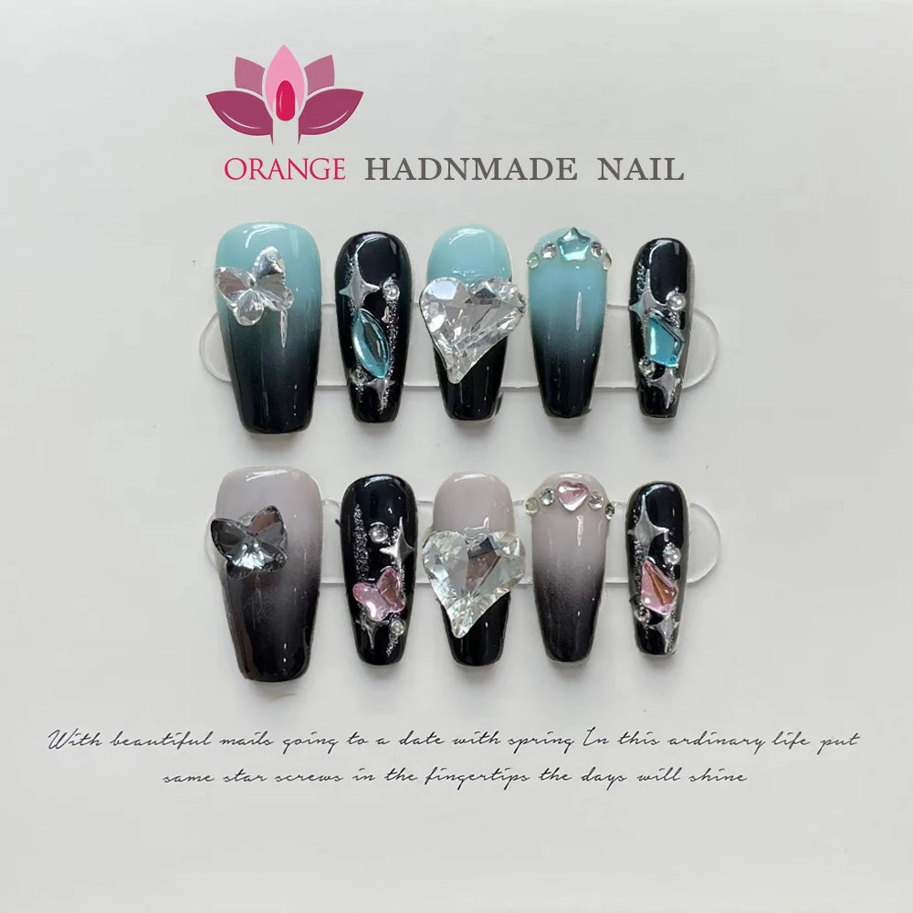 Handmade Black Nails Press Ons Decoration Fake Nails Stars Designed  Full Cover Artificial Manicuree Wearable Orange Nail Store
