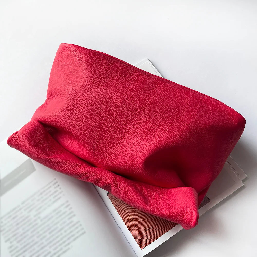 Personality roll-edge leather bag  lazy casual leather soft bag  Phone Women High Quality holding red large bag luxury designer