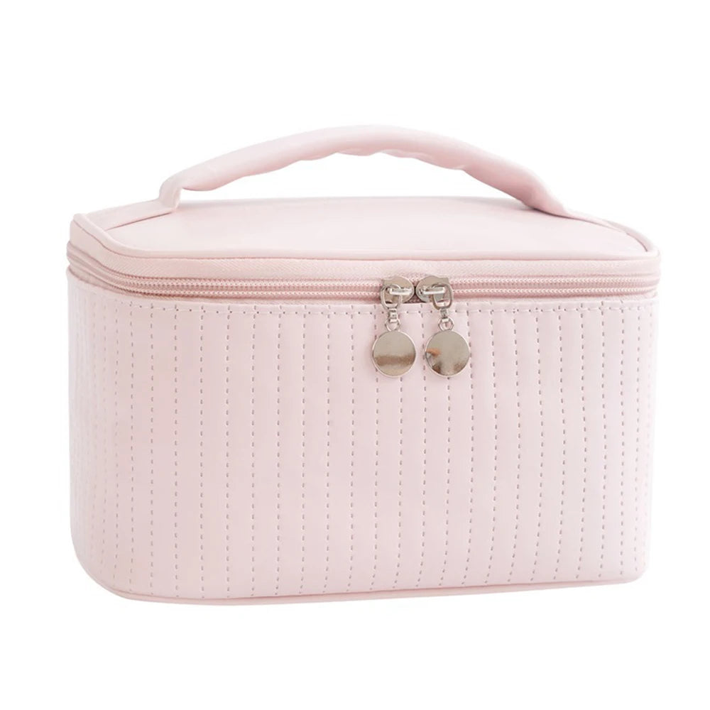 Handheld Solid Color PU Leather Cosmetic Organization Storage Bag Portable Travel Toiletry Pouch for Women