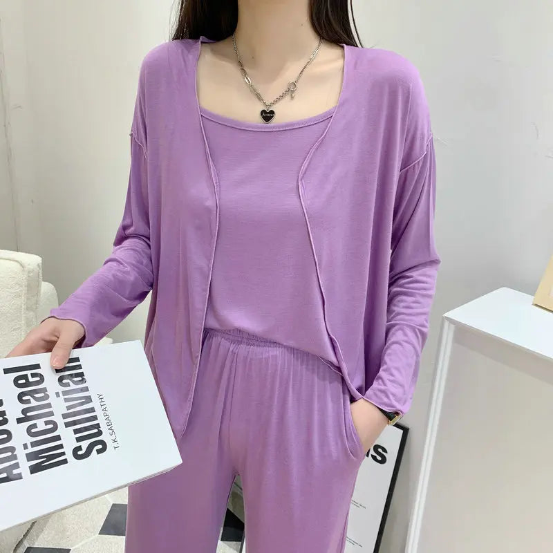 Fdfklak New Arrivals 3PCS Sleepwear Pajamas Set Lingerie Pyjamas Spring Summer Modal Soft And Comfortable Homewear