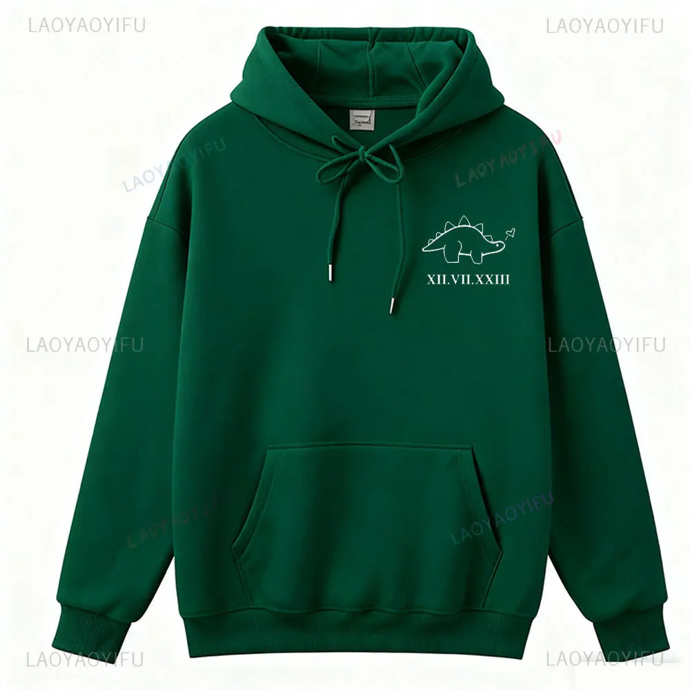 Couples  Hoodies Matching Dino Dinosaur Hoodie Custom Date Roman Numerals Matching Anniversary Gift Women Men Tops Long Sleeve