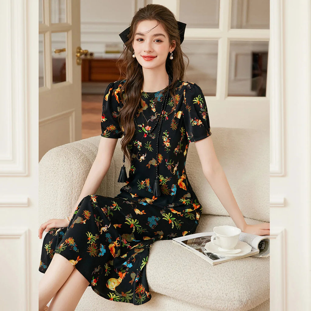 LOUIS YAO Women's Printed Dress 2025 Summer Soft Fabric New Cute Animal Flower Patterns Umbrella-shaped Skirt Hem Long Dresses