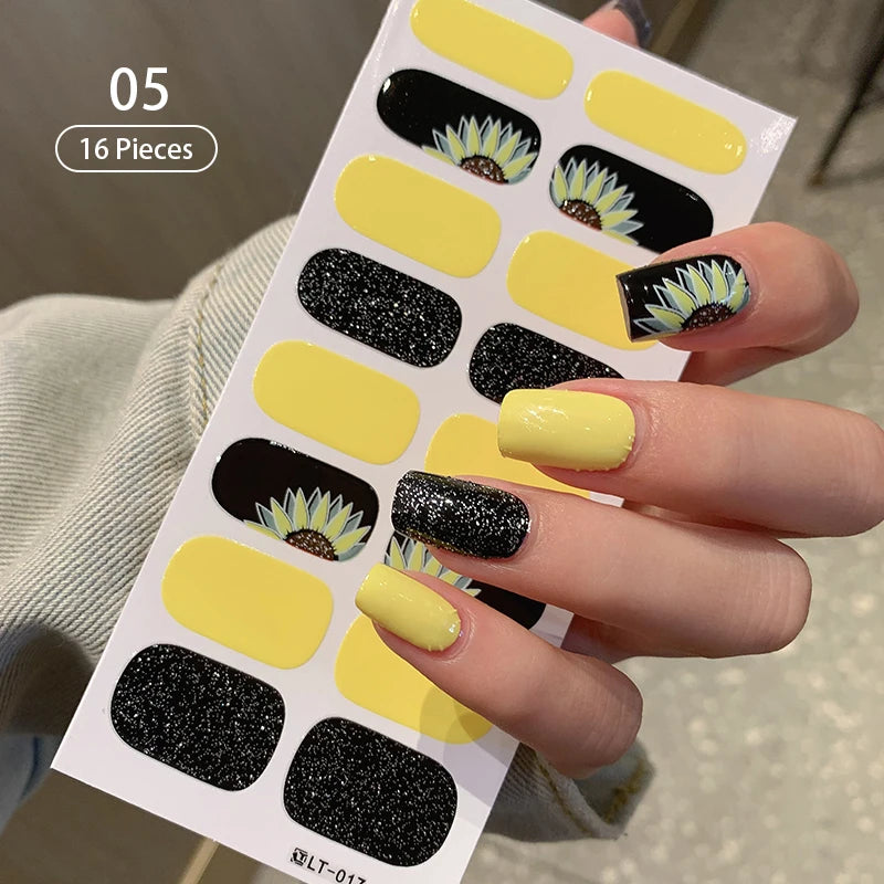 1pc DIY Baking-free Nail Stickers Long-Lasting Solid Color Fresh Flowers Christmas Autumn Nail Strips Patch Full Cover Decal