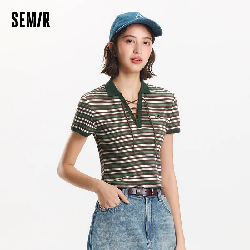 Semir Polo Shirt Women Cropped Slim Fit Tie Detail 2025 New Summer Cool Feeling Striped Top Retro for Trendy and Casual Looks