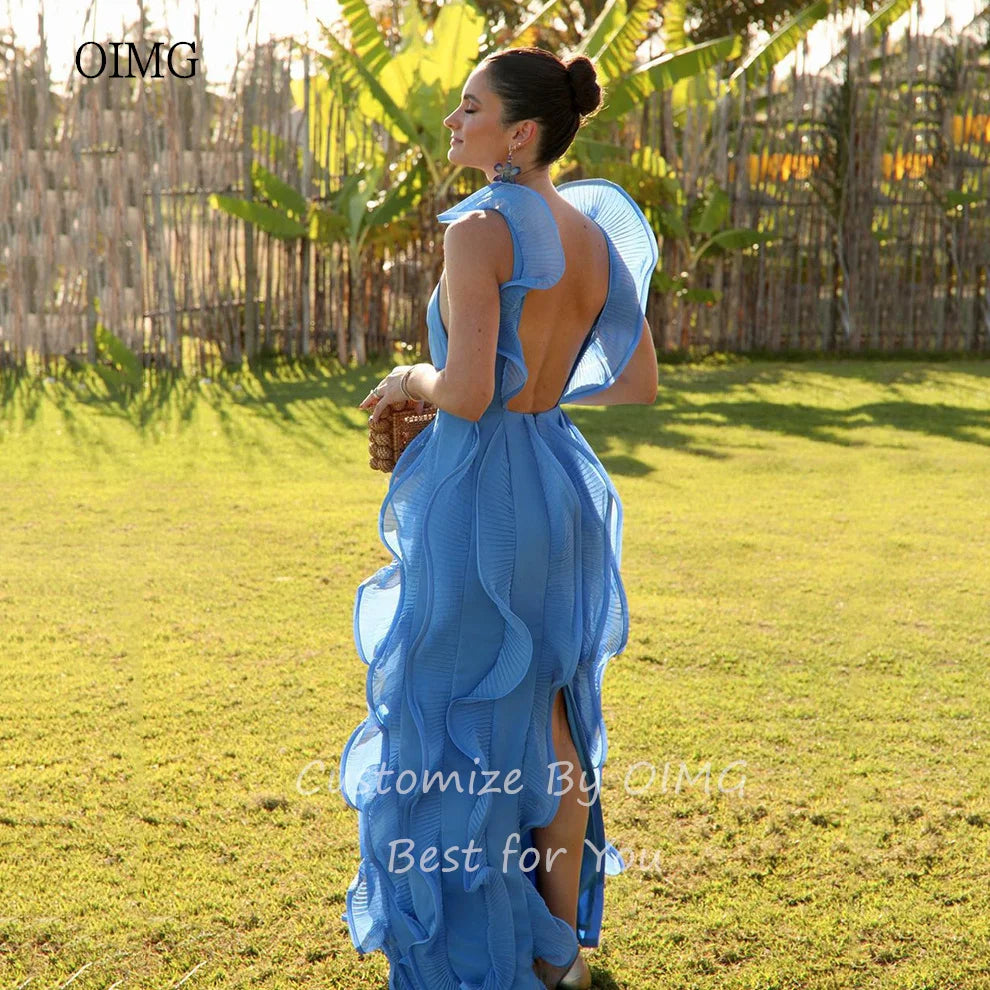 OIMG Blue BeachChiffon Evening Dresses Saudi Prom Gown Women Gowns Graduation Luxury Wedding Party Dress of Guest Customized
