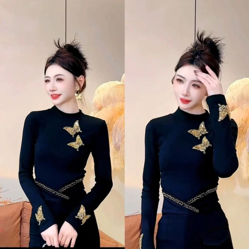 Autumn Winter Half High Collar Long Sleeve Fashion T-Shirts Women High Street Casual Embroidered Patchwork All-match Pullovers