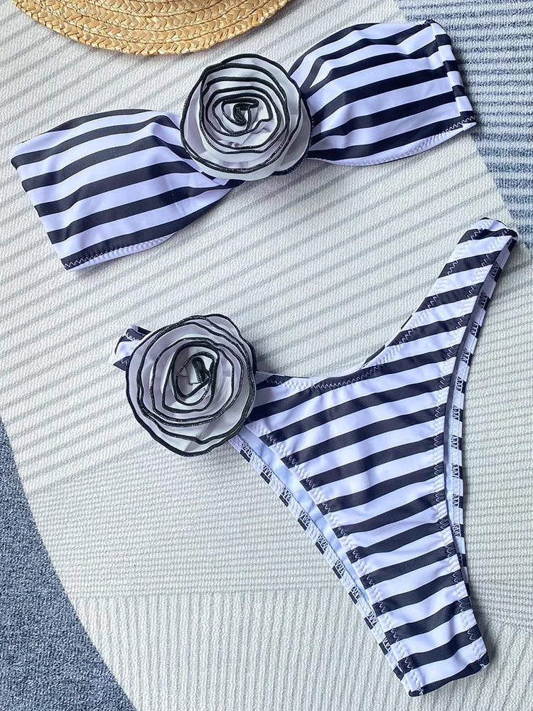 3D Flowers Brazilian Strapless Bandeau Bikini Female Swimsuit Women Swimwear Two-pieces Bikini Set High Cut Bathing Suit Swim