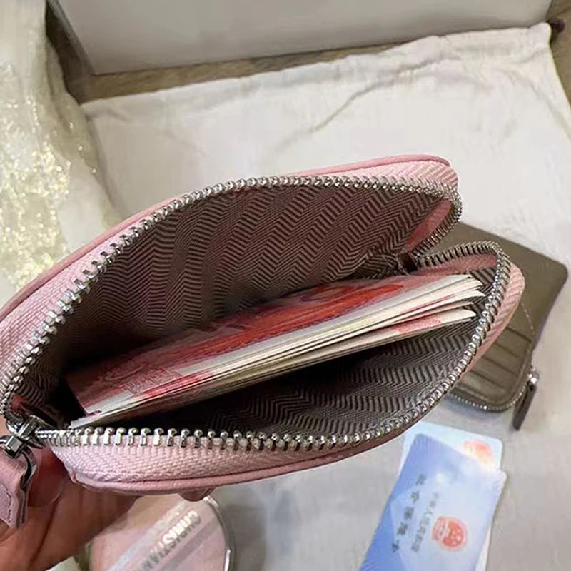 حقيبة نقود نسائية فاخرة من جلد الغنم الطبيعي، محفظة بطاقات نسائية بسحاب بنمط مربعات، حقيبة بطاقات بتصميم مخصص لموسم الربيع والصيف
