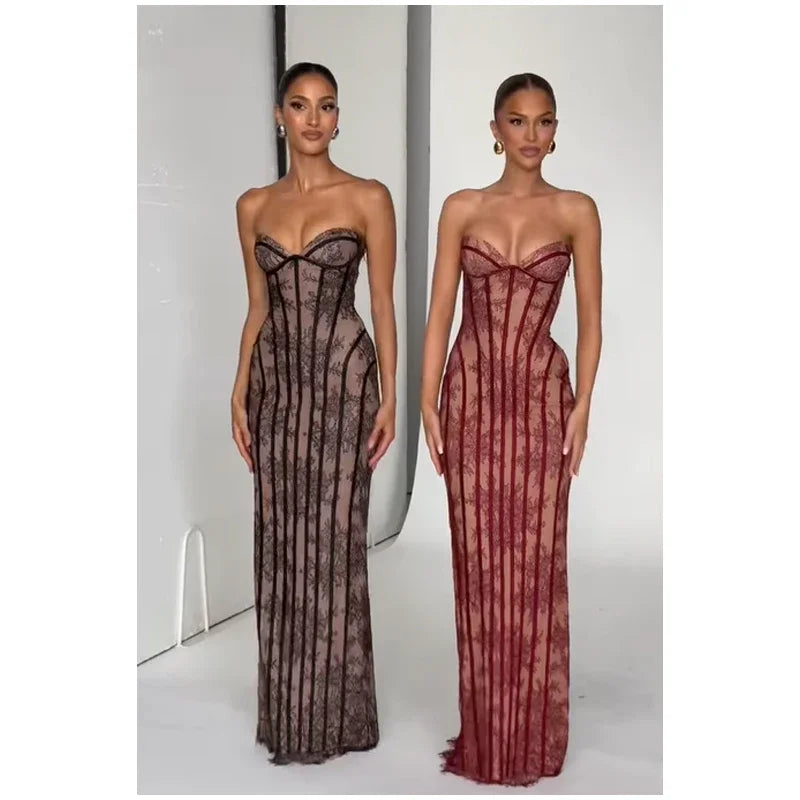 Women Strapless Tulle Fishbone Dress Backless Off Shoulder Printed Patchwork Slim Maxi Dresses 2026 Lady Chic Party Evening Gown
