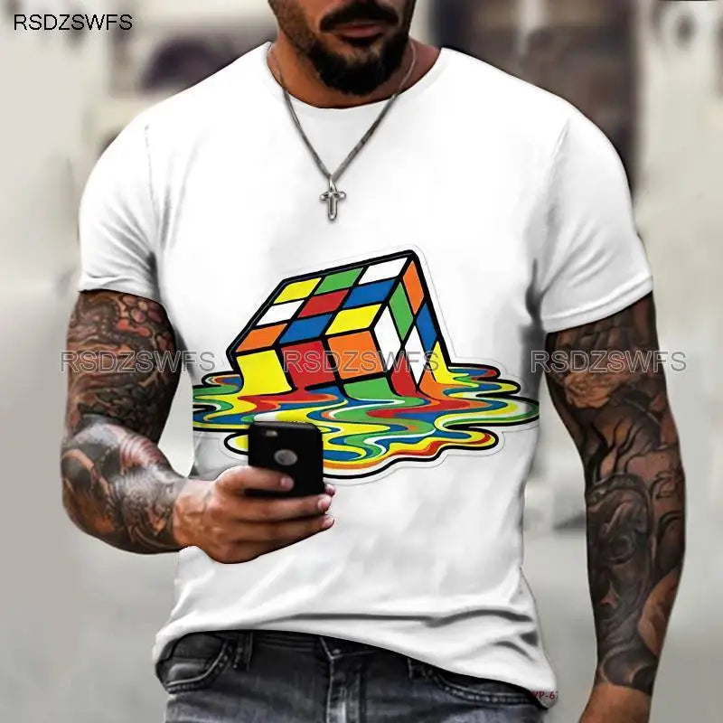 Men's Shirt Exclusive Design Melting Rubik's Cube 3D Printing Printing Trendy Brand Shirt Round Neck T-shirt Oversize 5XL