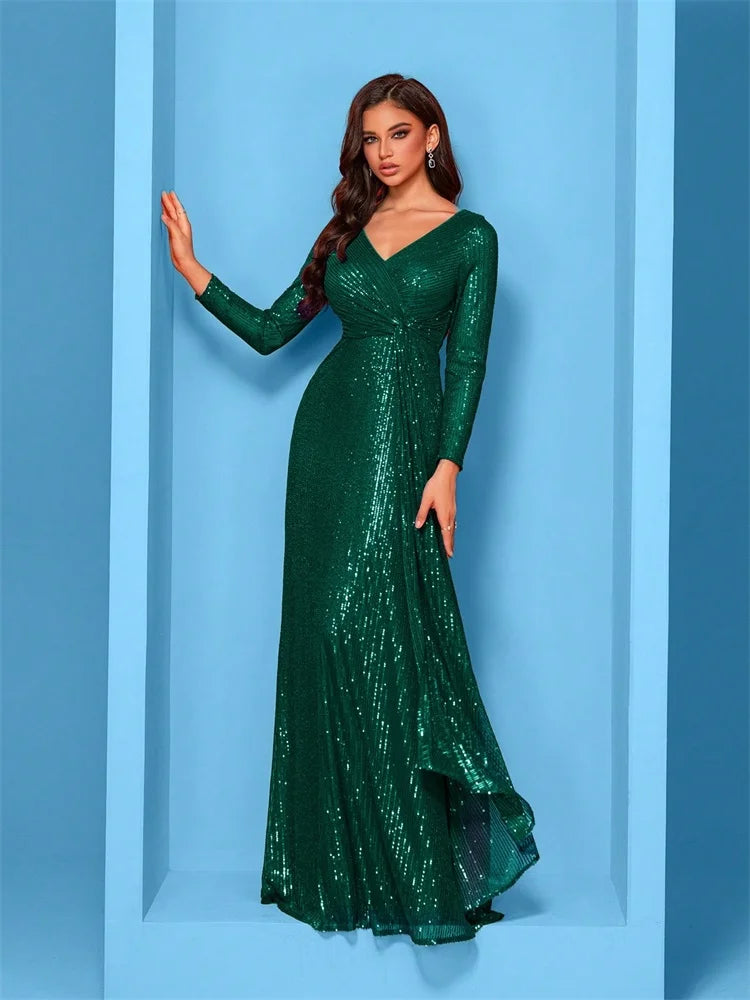 Plus Size Luxury V-Neck Long Sleeves Sequins Evening Dresses Women Elegant Wedding Party Maxi Cocktail Graduation Gowns