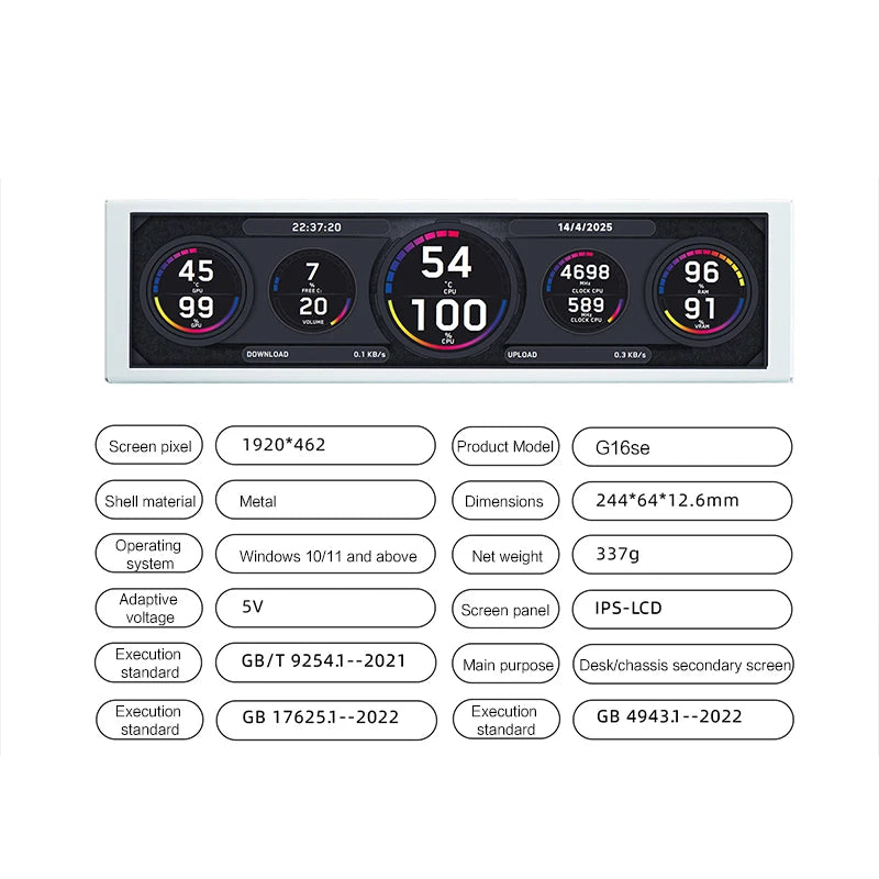 9.16'' Small Screen Display, IPS LCD Monitor for Desktop Computer Hardware Working Monitoring, Windowed Chassis Dedicated