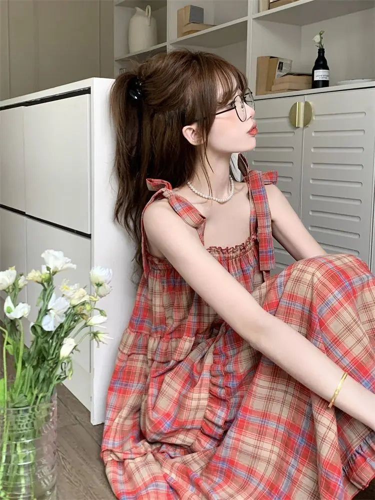 Vintage Plaid Dresses Women Ruffles Sweet French Style Bandage Loose Casual Girlish Summer New Ins Aesthetic Temperament Ulzzang