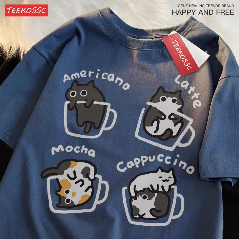 Cat Coffee Pure Cotton Trendy Summer Loose Short Sleeved T-shirt Men Unisex Original Mocha Latte Cat Three Flowers Fun Cat Tees