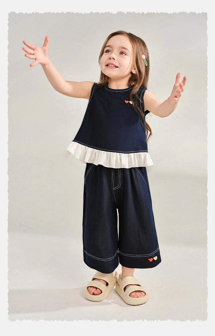 Amila 2026 Girls Summer Set Navy Blue Top Wide Pants 2025 Fashion Heart Embroidery Ruffle Casual Trendy Kids Outfit Sleeveless