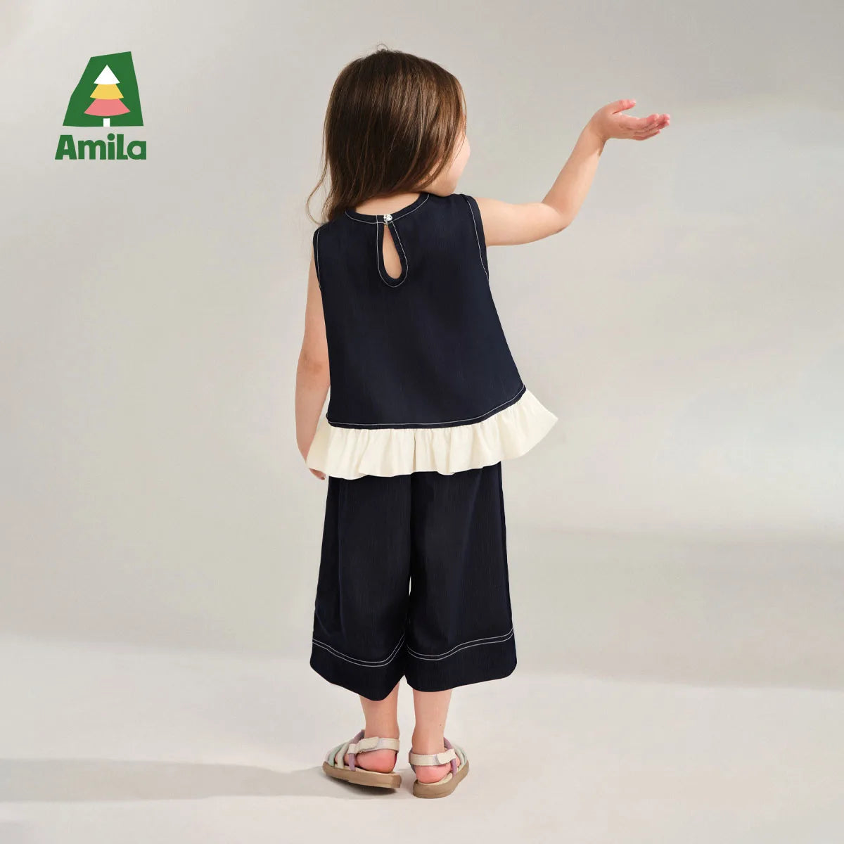 Amila 2026 Girls Summer Set Navy Blue Top Wide Pants 2025 Fashion Heart Embroidery Ruffle Casual Trendy Kids Outfit Sleeveless