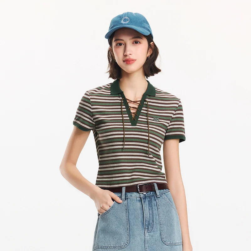 Semir Polo Shirt Women Cropped Slim Fit Tie Detail 2025 New Summer Cool Feeling Striped Top Retro for Trendy and Casual Looks