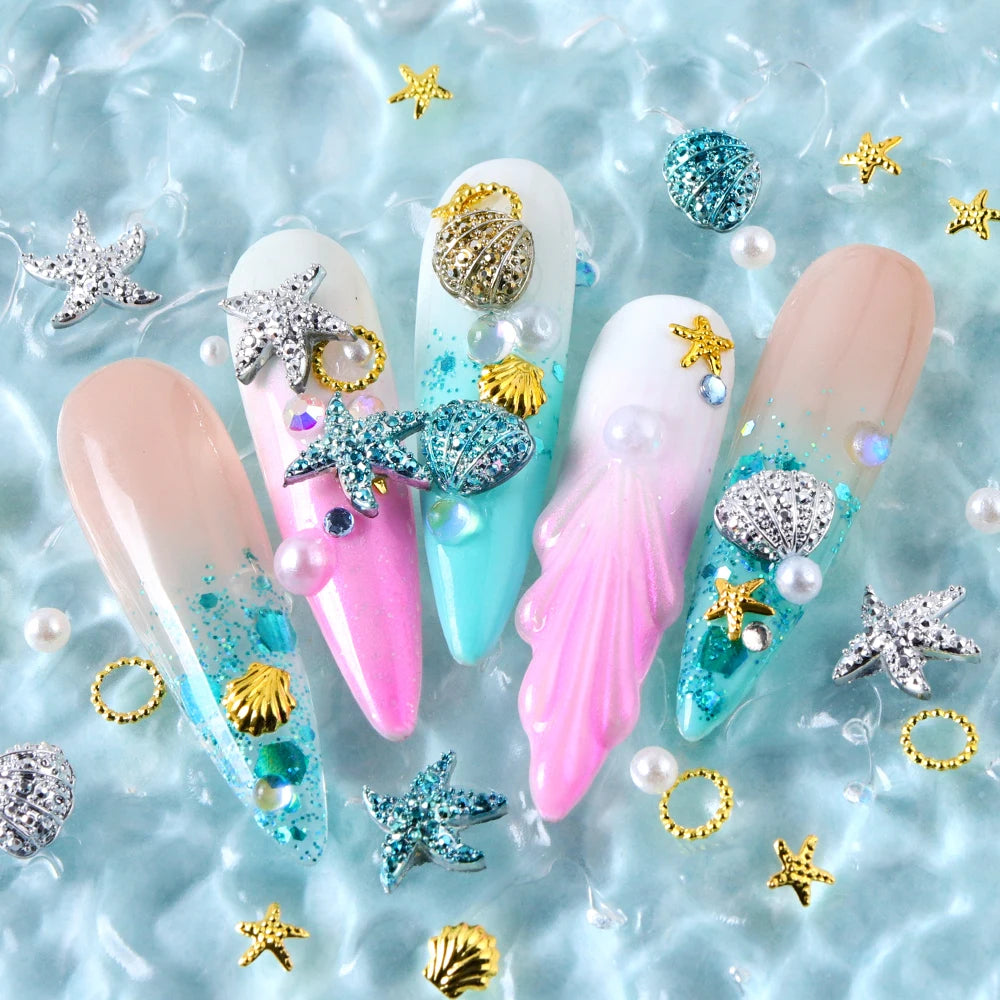 Ocean Style Seashell Starfish Nails Accessories Starfish Conch Metal Rivets Nail Charms Summer DIY Nail Art Supplies Decorations