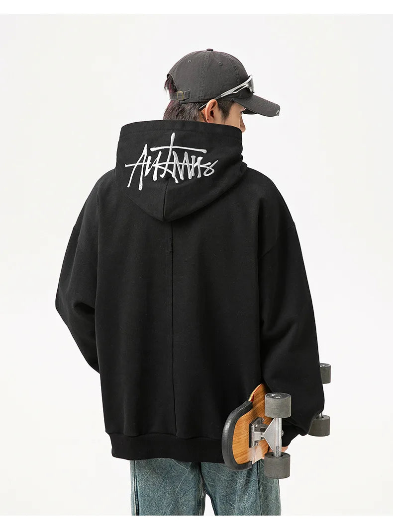 400G Heavy Thick Letter Embroidered Hoodies for Men's Autumn Winter Style American Trendy Couple Loose Hoodie Coat