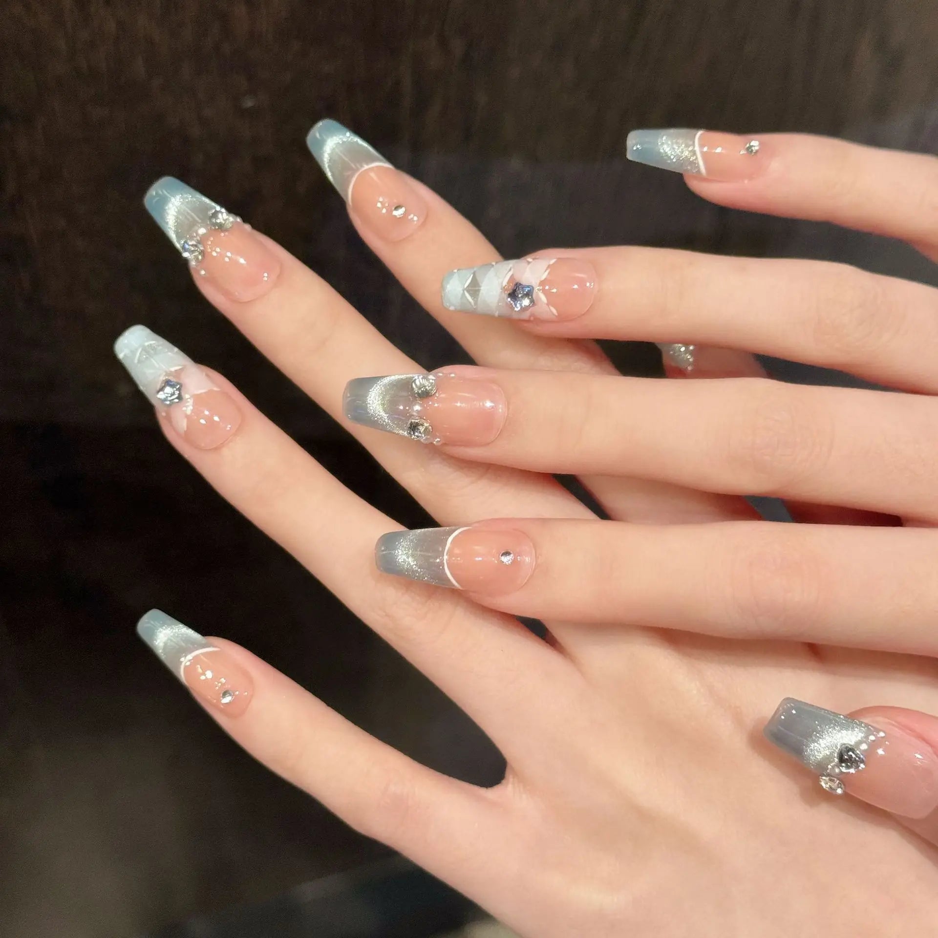 10pcs French Ballet Handmade Fake Nails Tips Pearl Cat's Eye Design False Nail Art Finished Wearable Mid-length Press on Nails