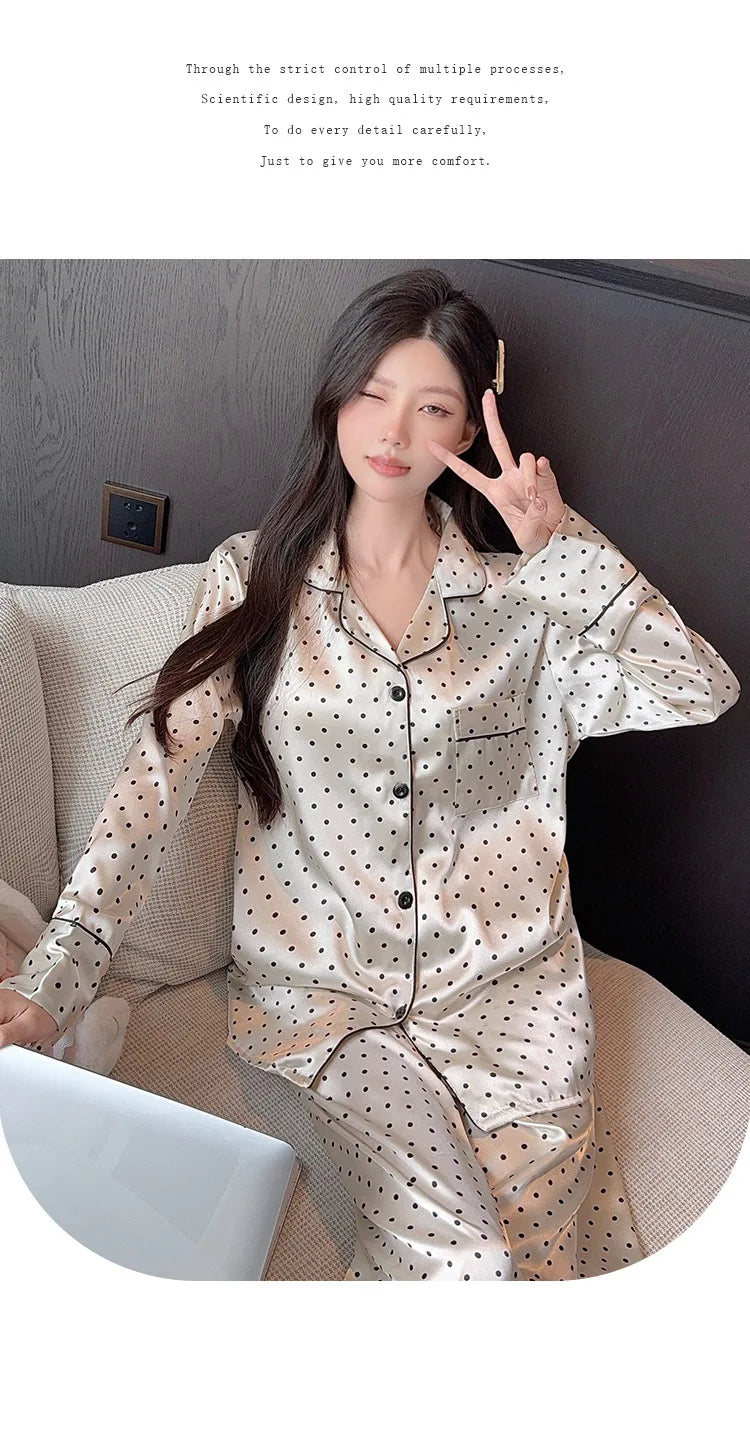 Spring and Autumn Summer Black Polka Dot Ice Silk Pajamas Women's New Long Sleeve Long Pants Net Red Simple Casual Homewear Set