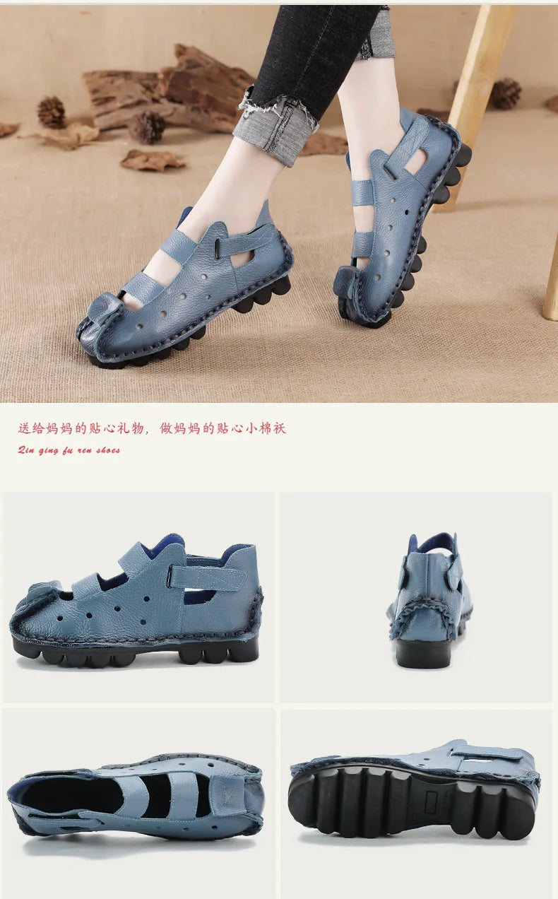 Summer Fashion Sandals 2024 New Leather Women's Shoes Soft Bottom Flat Personality Casual Women's Sandals Retro Handmade Sandals